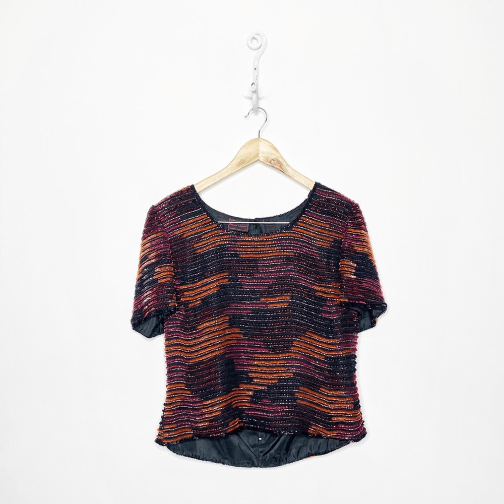 Vtg 80s FRANK USHER silk sequined beaded short sleeve blouse eras tour women's S